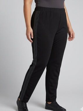 POINT ZERO Black Stretch Pull On Pants with Side Leather-look Stripe 1X